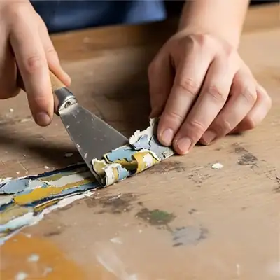 Distinctive wall paint scrape with a putty knife on wooden surface for home decor renovation.