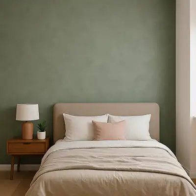 Soft green accent wall with a cosy bed, modern decor, and natural light for a stylish bedroom design.