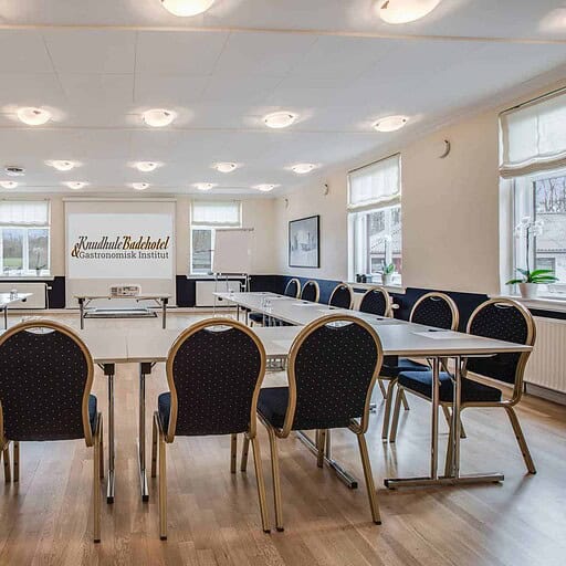 Indendørs mødelokale på Knudhule Badehotel med moderne faciliteter og naturligt lys.