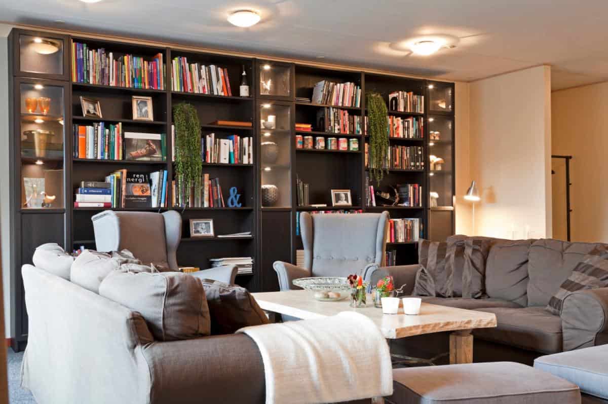 Komfortabelt stue med bogreol og komfortable siddepladser.
