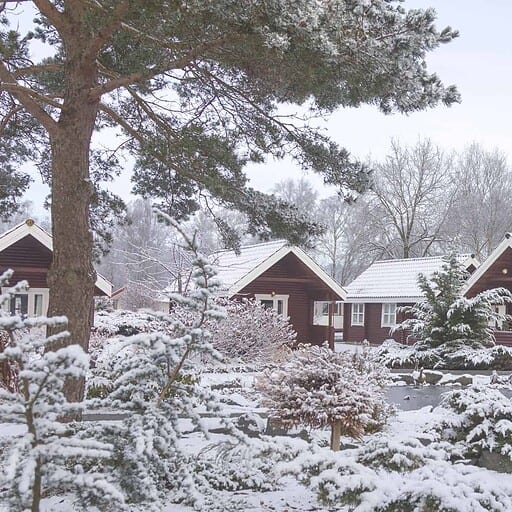 Fredet natur omkring Knudhule Badehotel med snedækkede hytter og frodig vegetation.