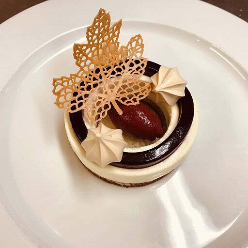 Delikat dessert med chokolade og pyntet med chokoladefjer, på Knudhule Badehotel.