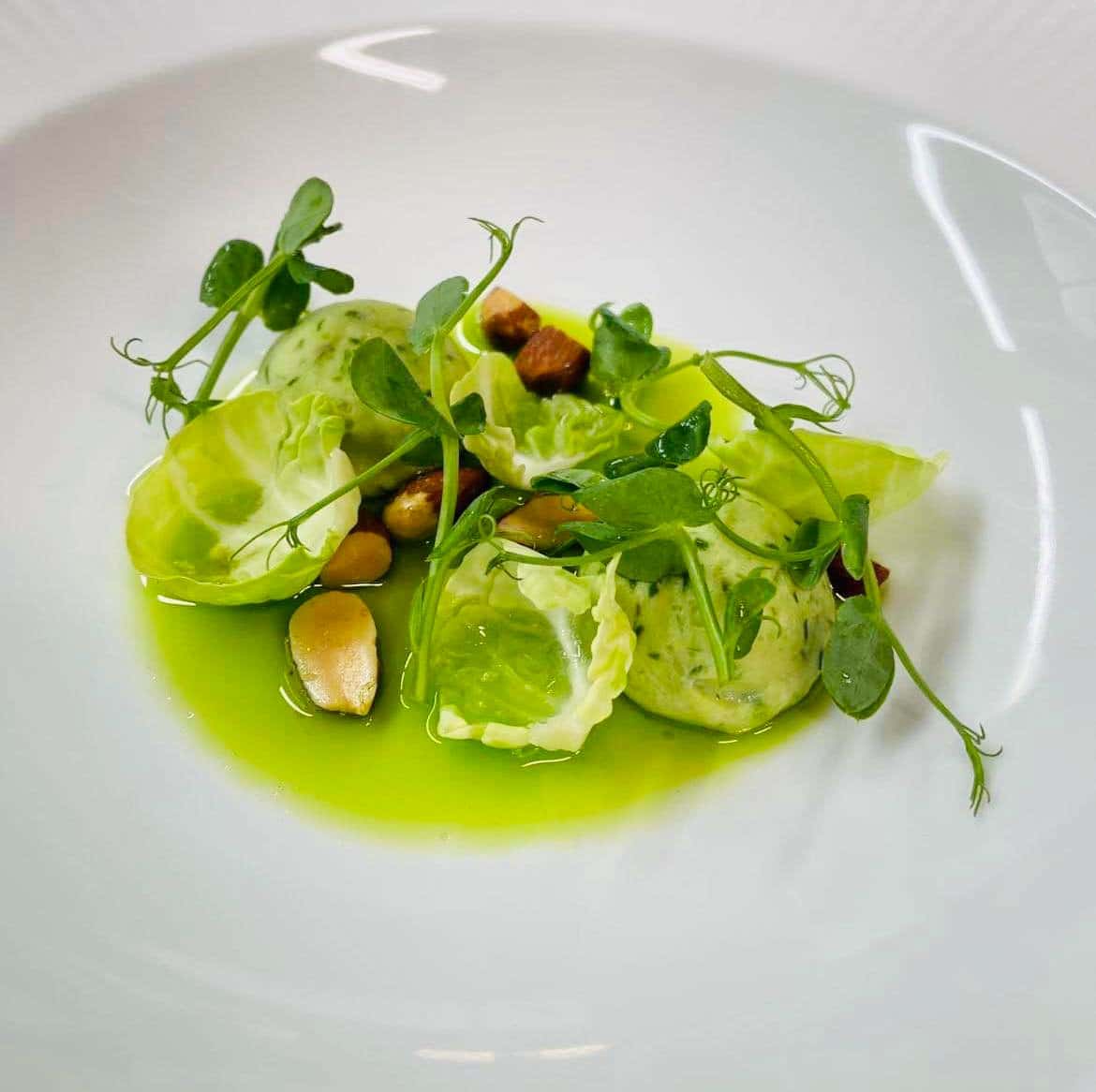 Frisk vegetarisk salat med grønne grøntsager og nødder på elegant tallerken.