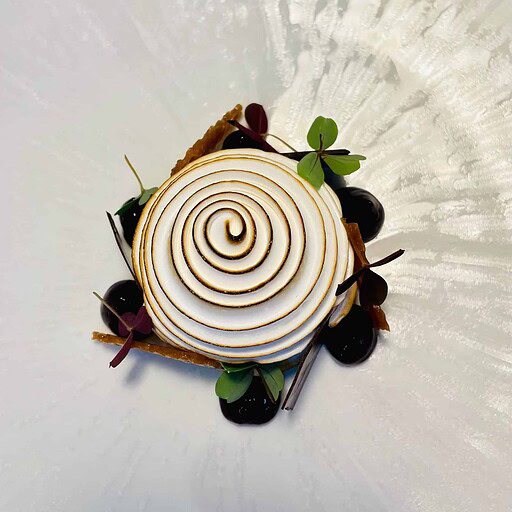 Delikat dessert med spidskål, blåbær og mikrogrønt, perfekt til afslapning ved Knudhule Badehotel.