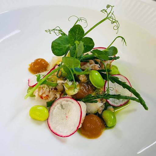 Frisk fiskeret med grøntsager, radiser og urter fra Knudhule Badehotel.