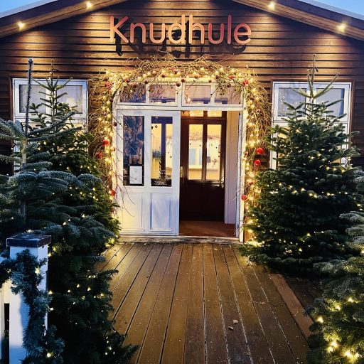 Knudhule Badehotel juleudsmykning med pyntede juletræer og hyggelig belysning ved indgangen.