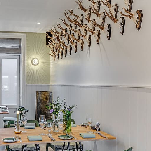 Elegant mødelokale med naturtema og antler-dekorationer på væggen, perfekt til events på Knudhule Ba.