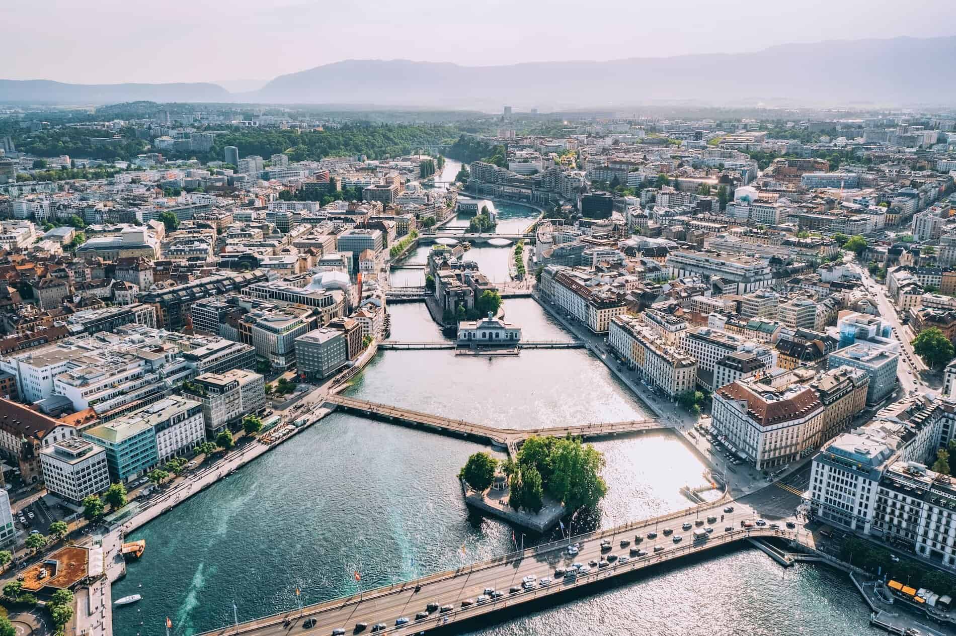 Aerial view of Geneva downtown city in Switzerland