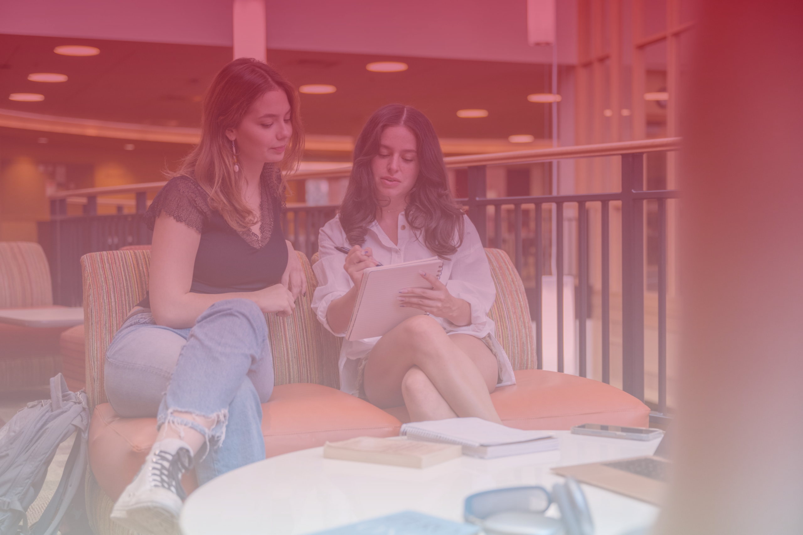 Two female students studying at a library looking at the same notebook.