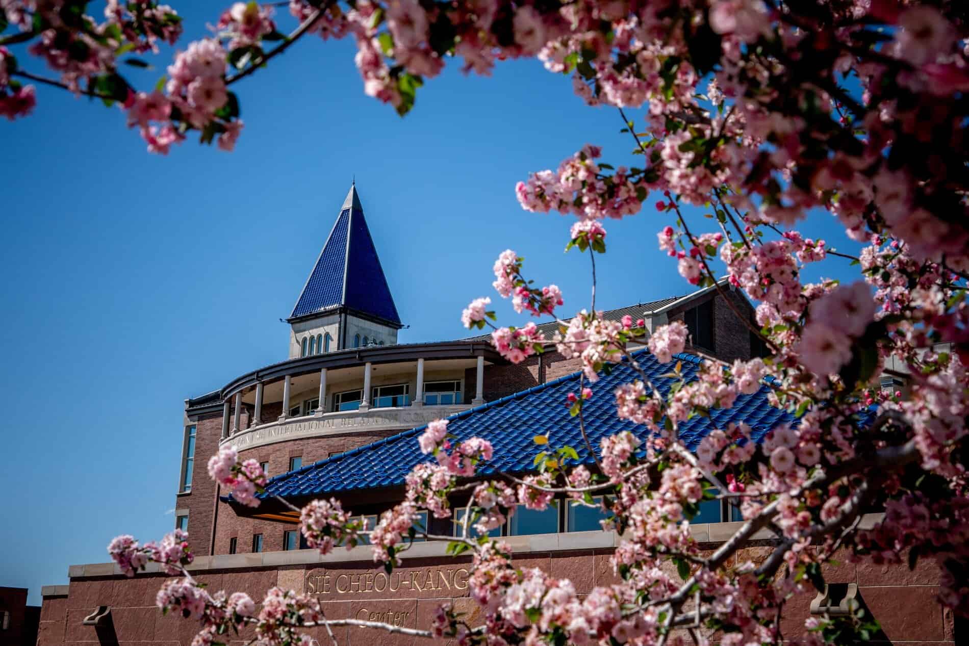 Exterior of the Sie International Relations Complex featuring the blue spire and a tree with blooming flowers.