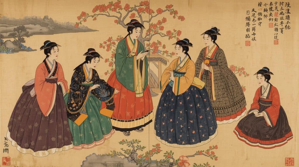 A historical Korean painting depicting people in hanbok.
