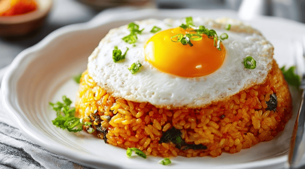 A plate of spicy Korean kimchi fried rice topped with a fried egg.