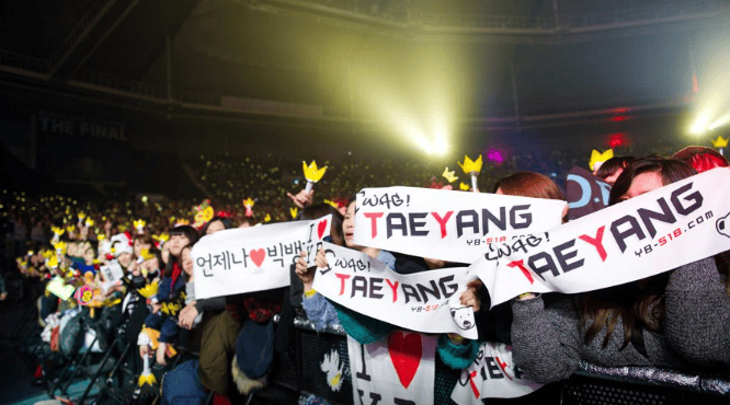 Fans holding banners and cheering together at a K-Pop concert.