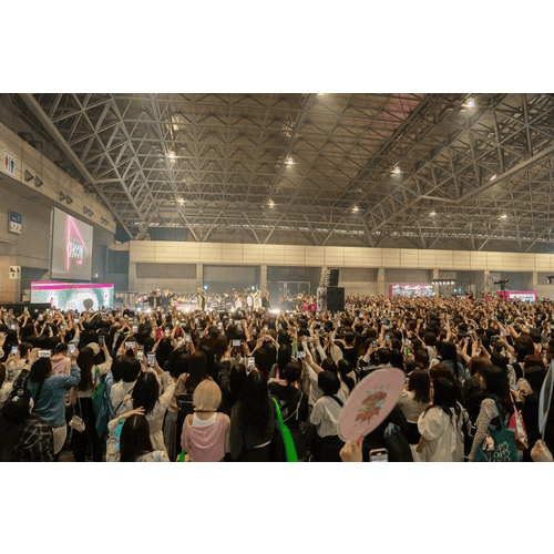 International fans gathered for a K-Pop fan event with banners and posters.