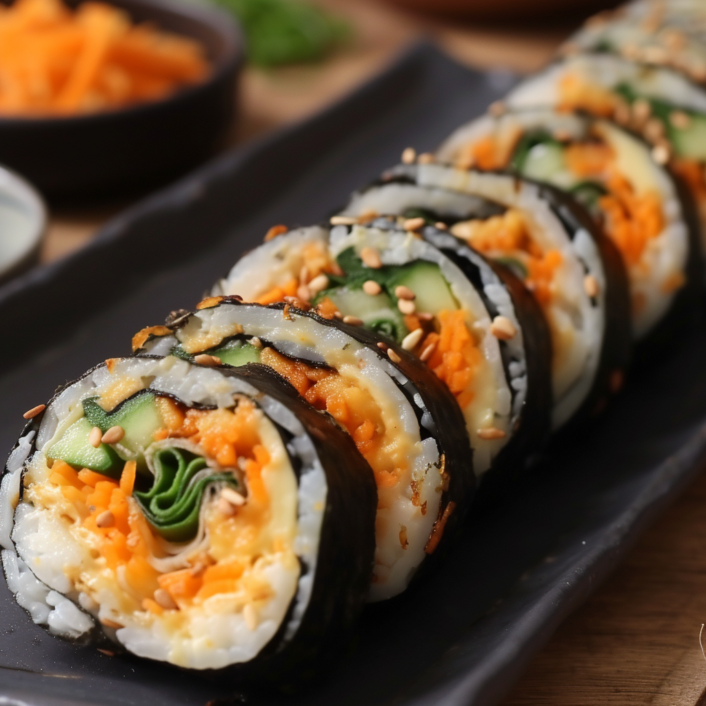 Sliced kimbap rolls with cheese filling.