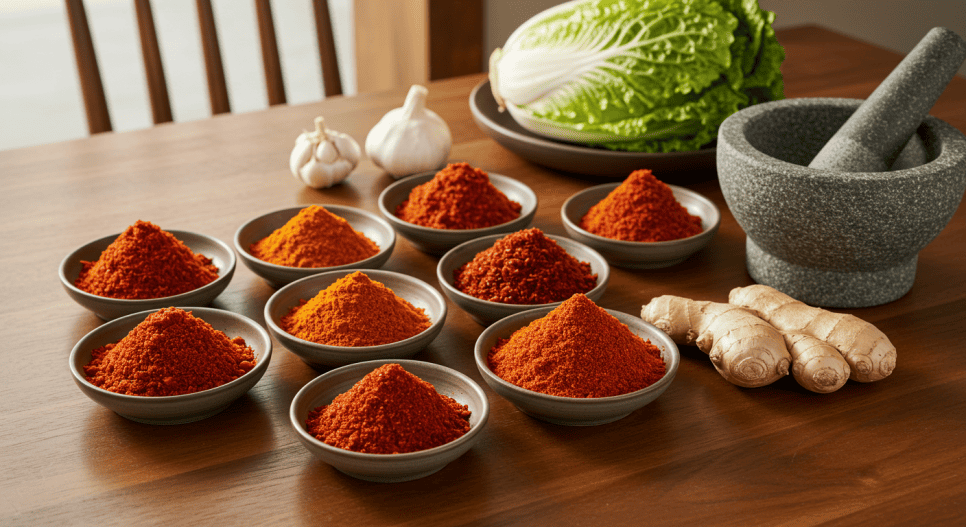 A bowl of Korean red chili flakes (gochugaru).