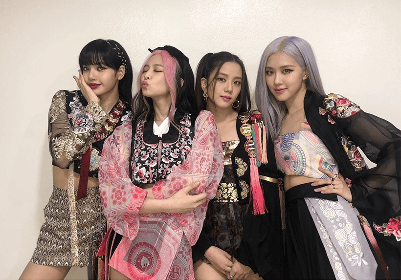K-pop girl group BLACKPINK wearing colorful Korean hanbok for Lunar New Year celebration