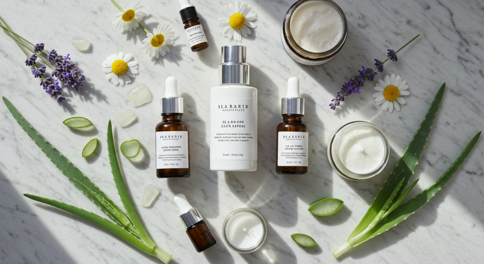 Korean skincare products with natural ingredients like green tea and ginseng.