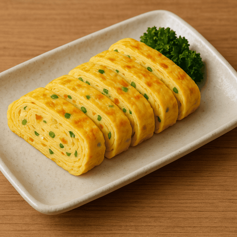 Rolled Korean egg omelette sliced into bite-sized pieces.