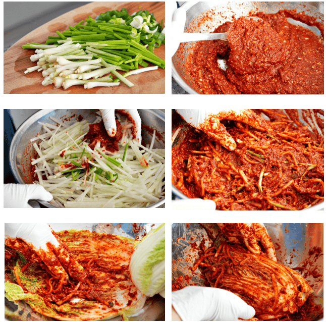 Red kimchi paste made with chili flakes, garlic, and fish sauce.