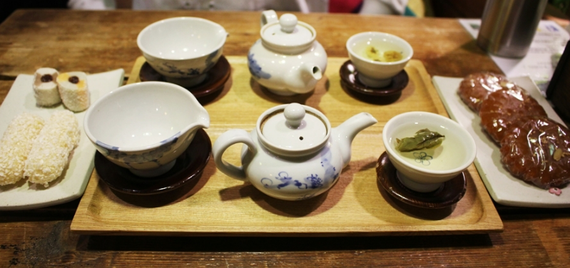 A traditional Korean tea house in Insadong with wooden interiors.