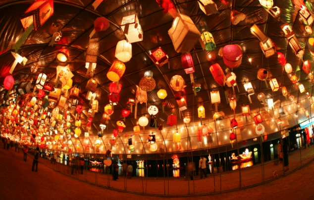 Colorful lanterns lit during a Korean cultural festival.