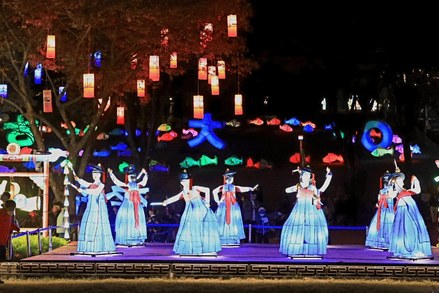 Colorful lanterns lit during a Korean cultural festival.