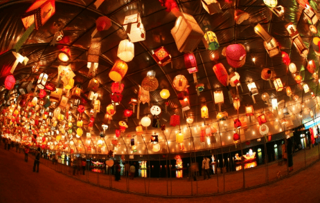 Lanterns floating on the Namgang River during Jinju Lantern Festival.