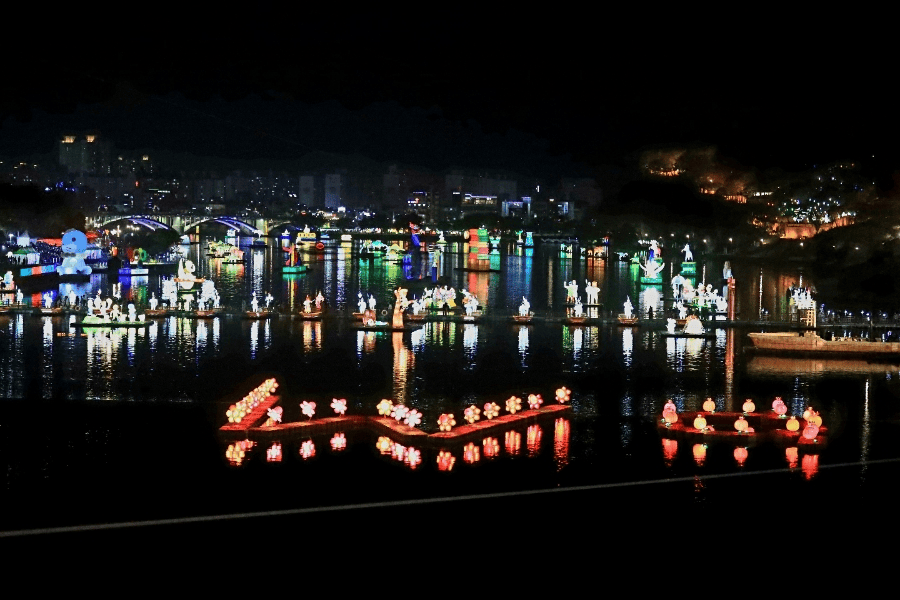 Lanterns floating on the Namgang River during Jinju Lantern Festival.