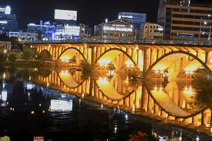 Lanterns floating on the Namgang River during Jinju Lantern Festival.