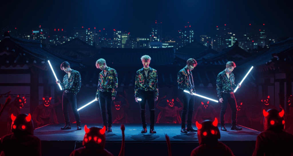 K-pop idol warriors performing in neon-lit Seoul cityscape