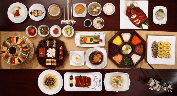 Traditional Korean meal set with various side dishes