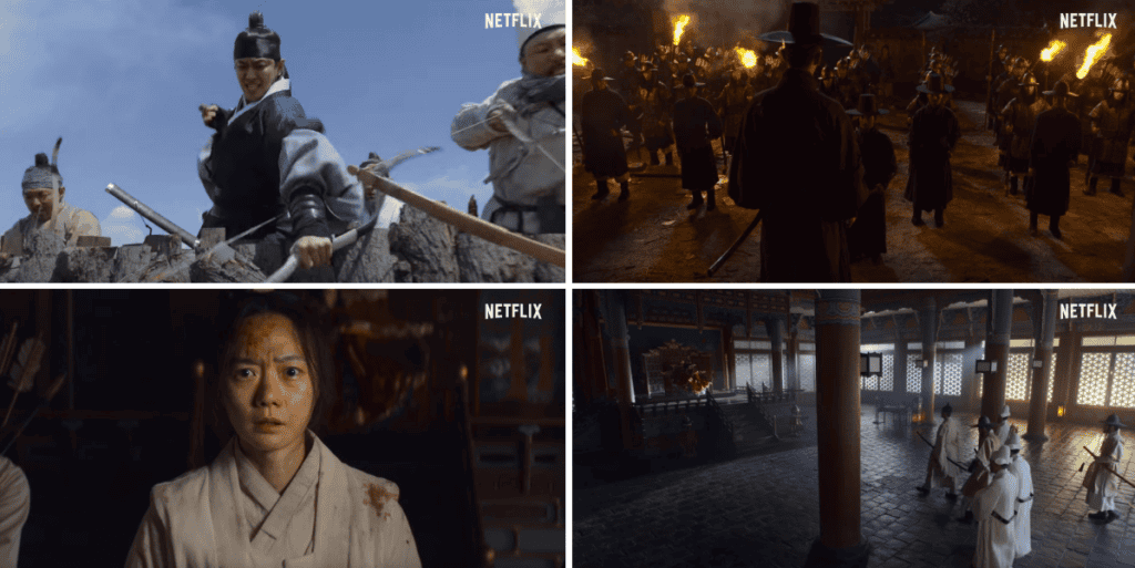 Scene from Kingdom showing crown prince fighting zombies in Joseon palace