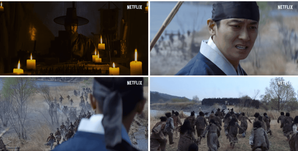 Scene from Kingdom showing crown prince fighting zombies in Joseon palace