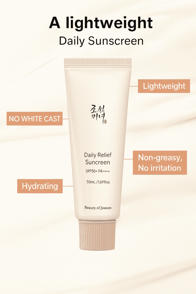 Beauty of Joseon Relief Sun SPF50 bottle on beige background