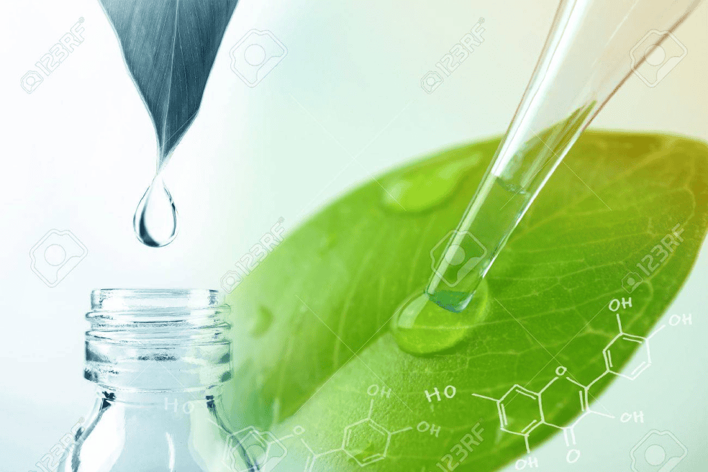 Combination image of lab beakers with leaves representing clean beauty science