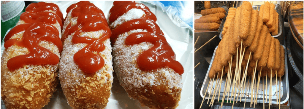 Korean-style corn dog coated with potatoes and sugar.