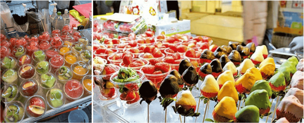 A cup of colorful fresh fruit pieces ready to eat.
