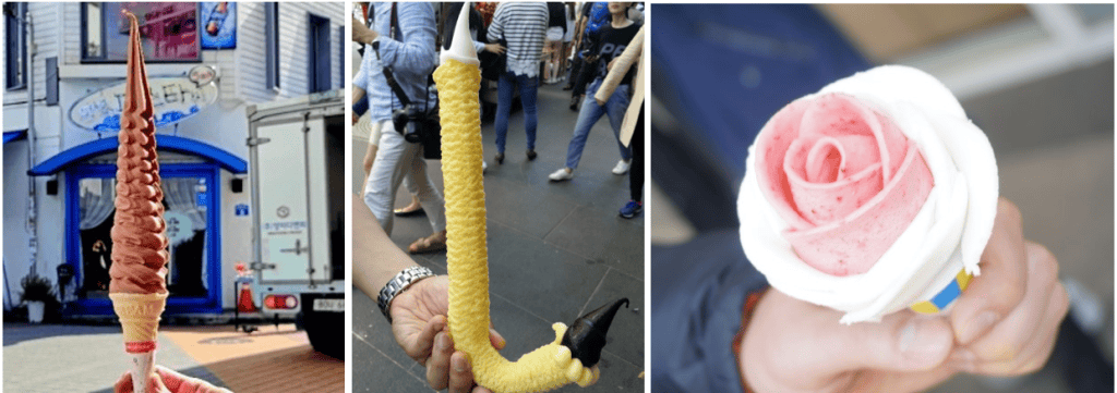 Tall Korean soft serve ice cream cone in vanilla flavor.