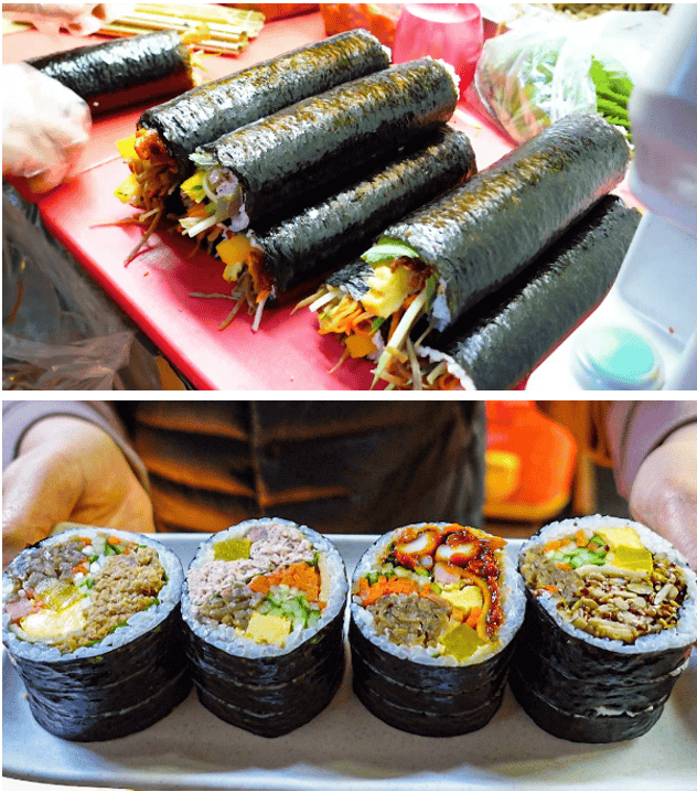 Korean kimbap rolls sliced and arranged neatly on a plate.