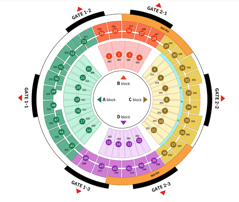 KSPO Dome stage and seating layout map showing different audience sections and stage position in Seoul, South Korea