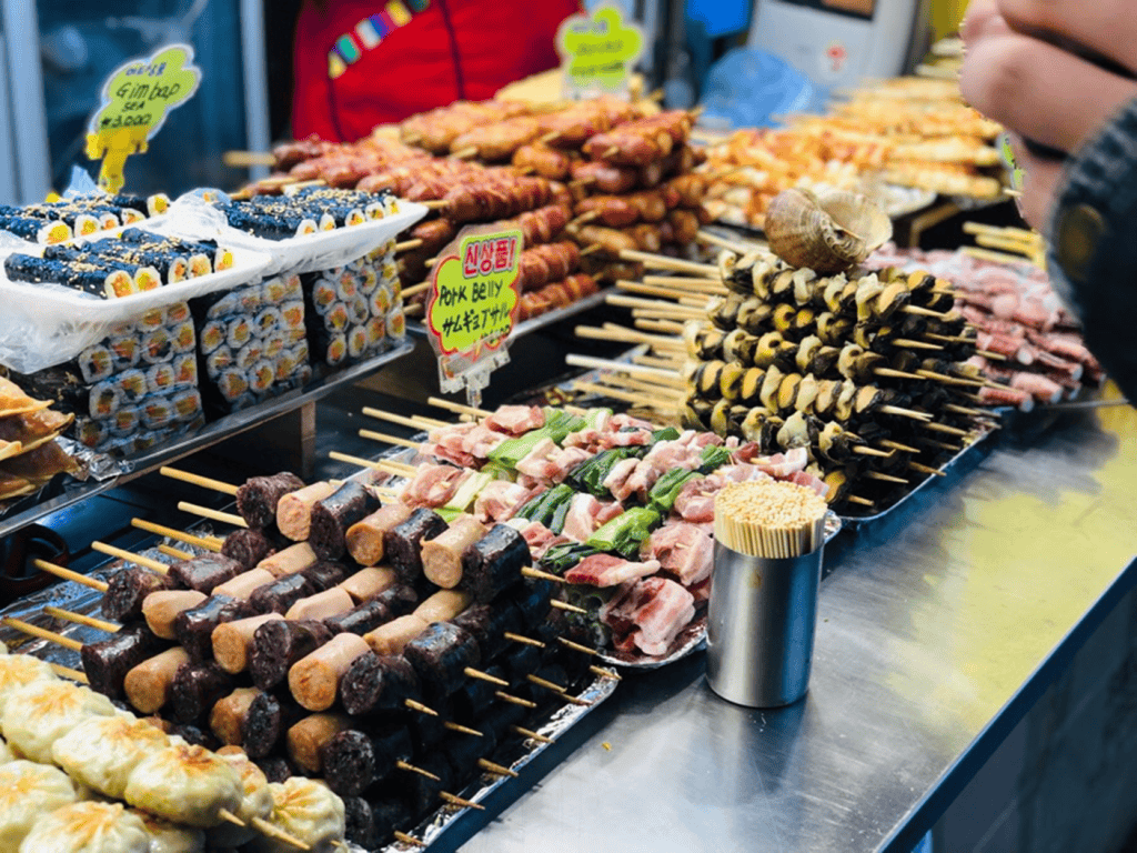 Street food stalls in Seoul’s Myeongdong shopping district.