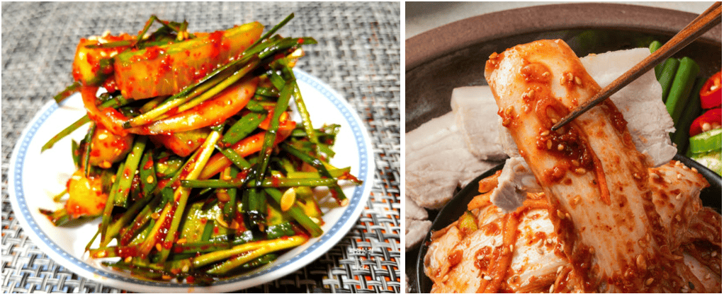 Korean kimchi and cucumber side dish in small bowls.