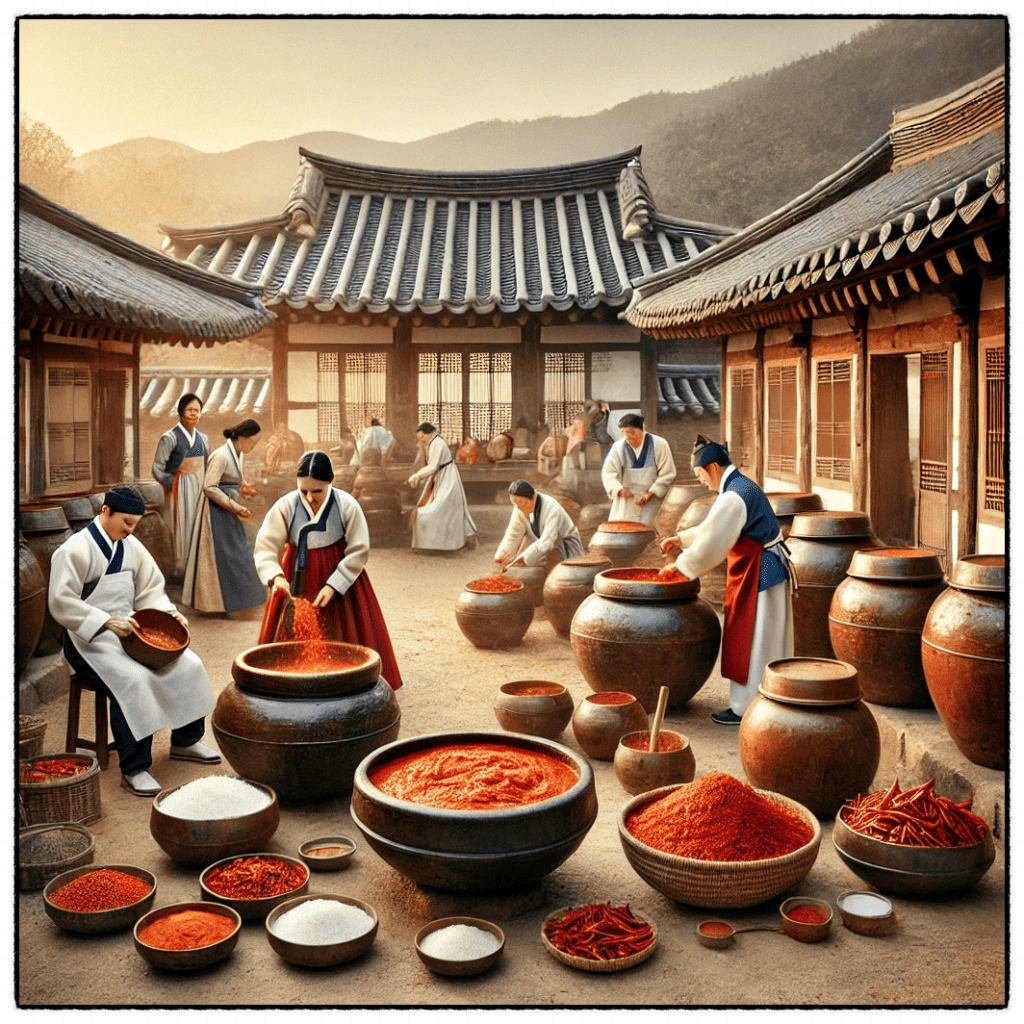 A collection of Korean fermented foods including kimchi, doenjang, gochujang, and makgeolli on a wooden table.