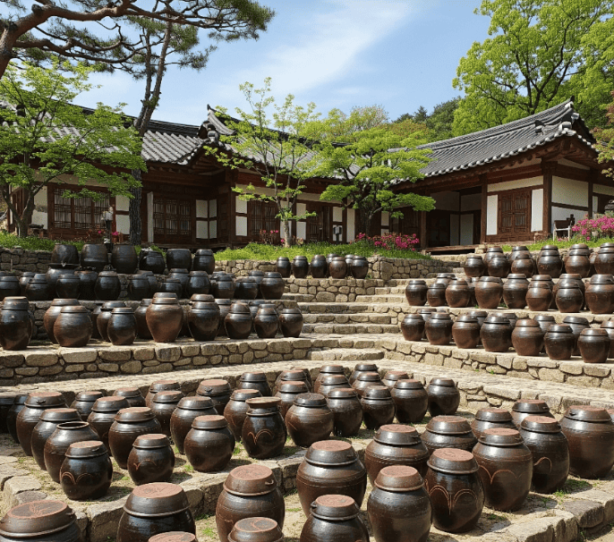 raditional Korean clay jars (onggi) used for fermentation.