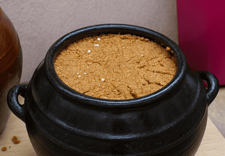 Korean soybean paste (doenjang) in a jar with stew served alongside.