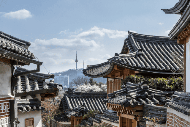 Traditional hanok houses in Bukchon Hanok Village, Seoul.