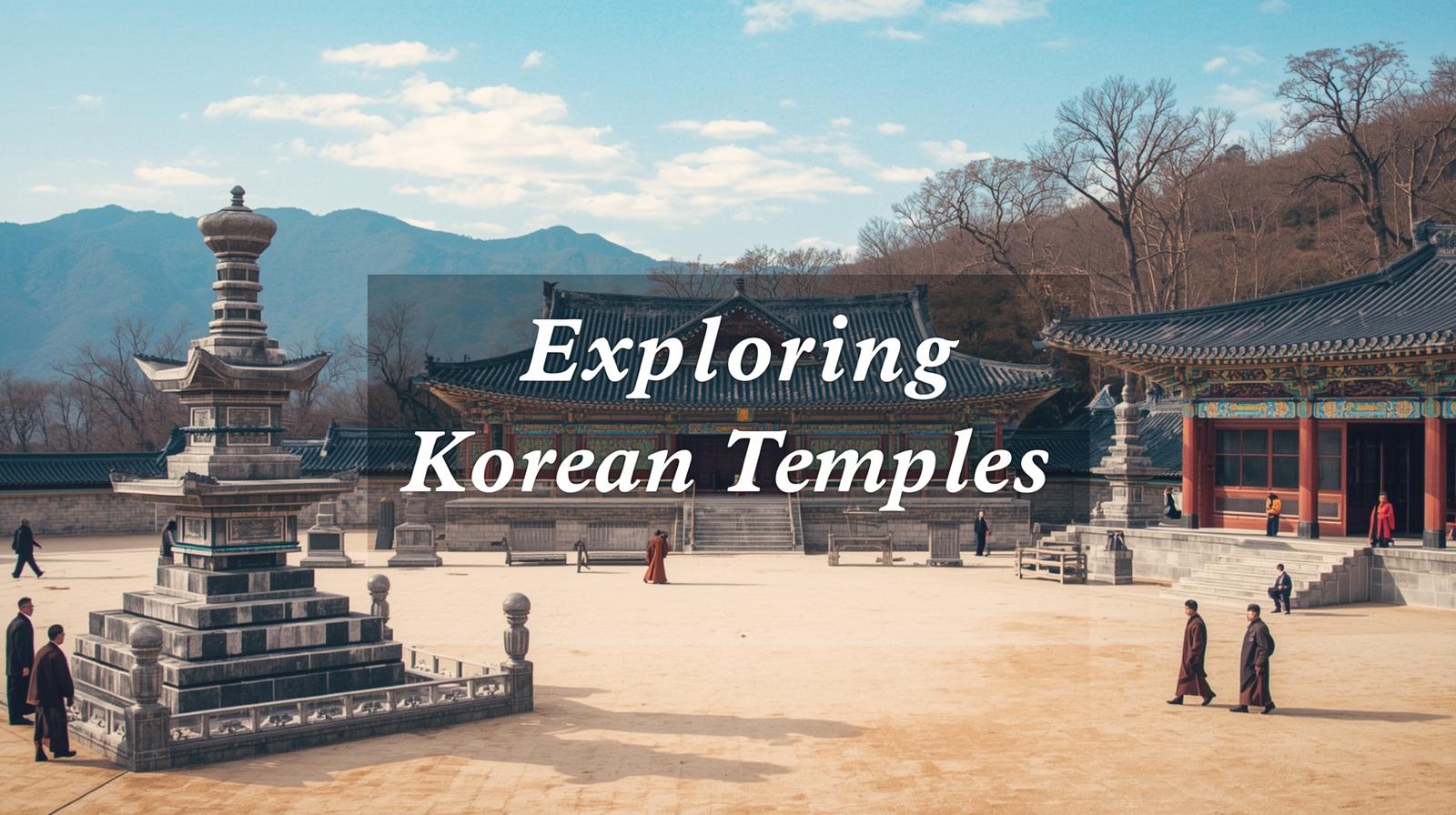 A Korean Buddhist temple surrounded by mountains with stone pagodas and colorful architecture.