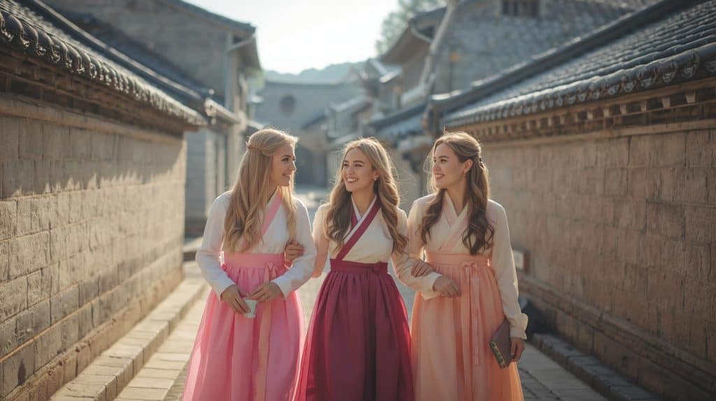 Tourists in hanbok walking through Bukchon Hanok Village.