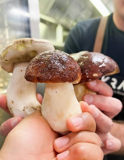 Manos de chef sosteniendo tres grandes boletus edulis frescos, con el logo KRAM visible en la camiseta del fondo, en la cocina de KRAM Andorra.